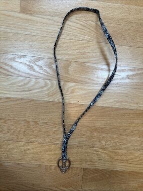 Vera Bradley Black and White Floral Lanyard Necklace with Silver Ring